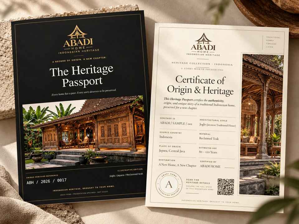 ABADI HOME Pasaporte patrimonial y Certificado de origen y patrimonio, mostrados juntos en dos páginas