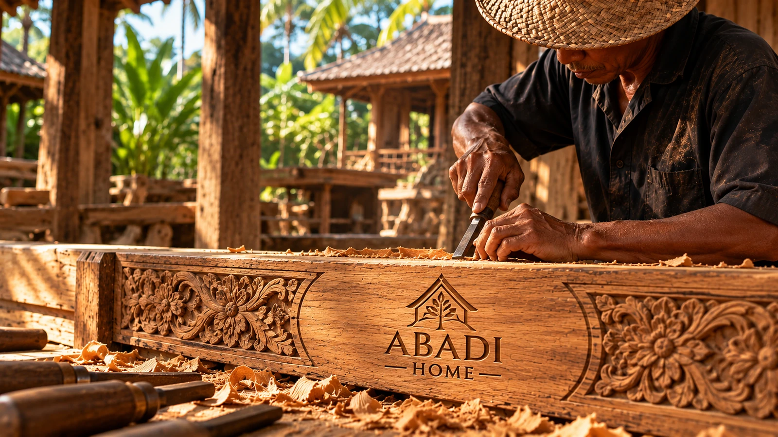 Artesano indonesio tallando cuidadosamente teca recuperada con el emblema ABADI HOME