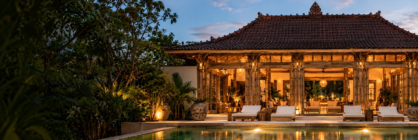 Casa tradicional indonesia de teca recuperada que brilla al atardecer